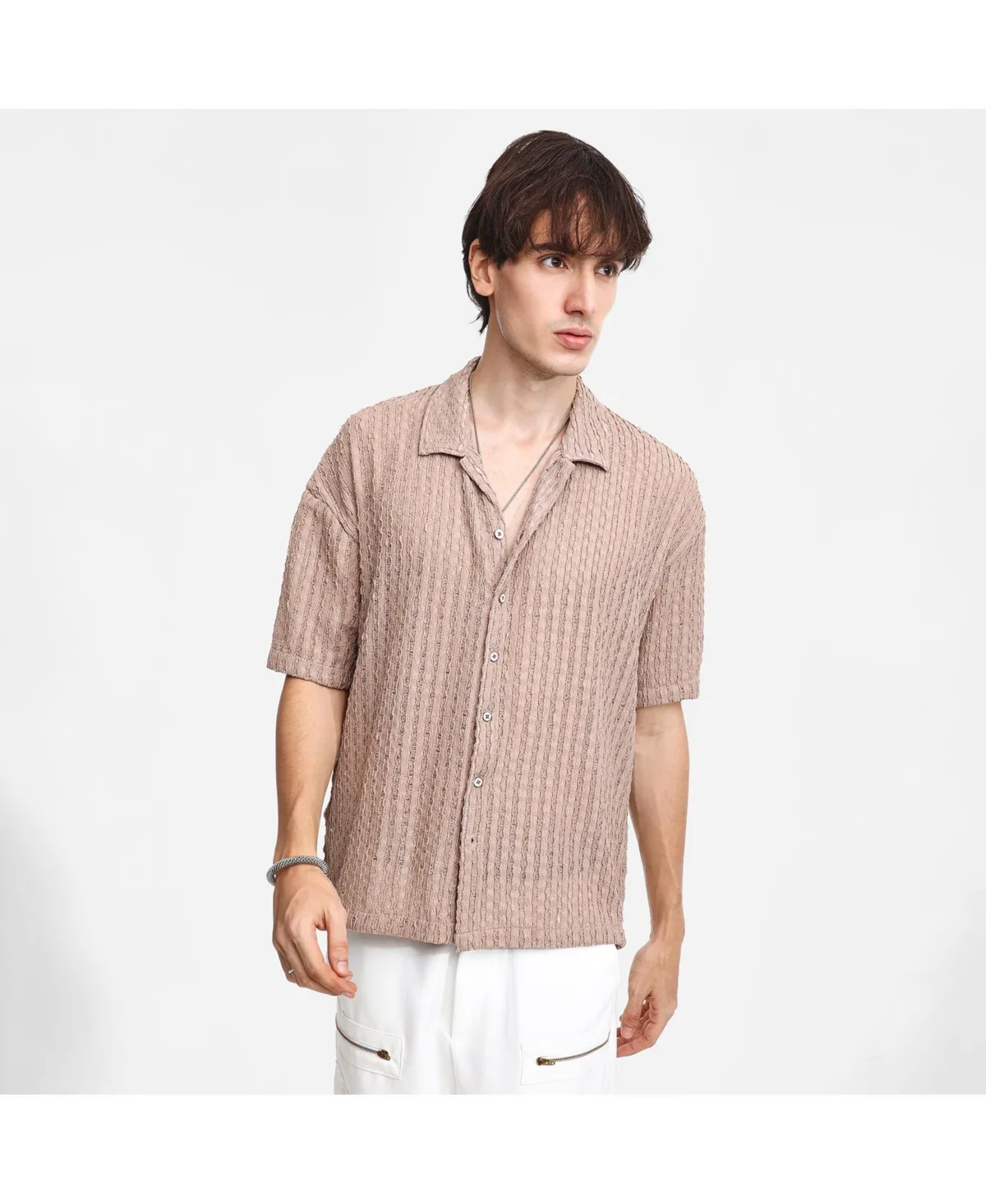 Peanut Brown Striped Knit Oversized Shirt by Campus Sutra