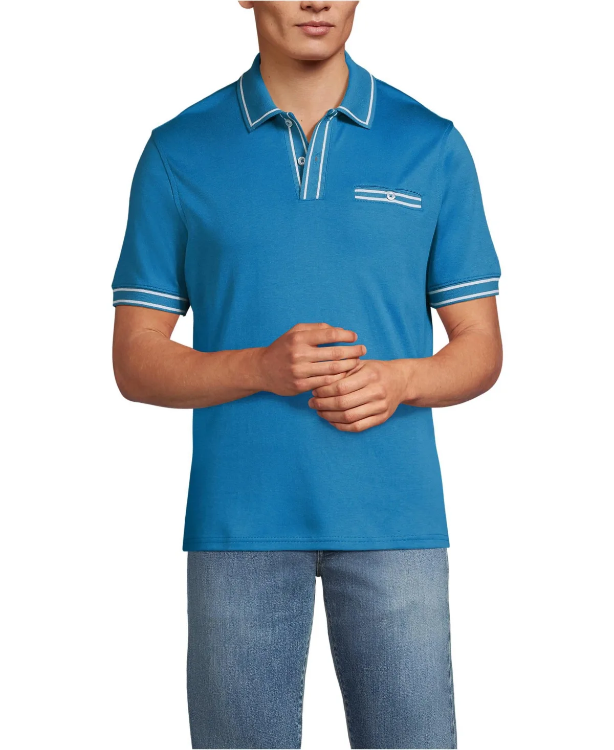 Short Sleeve Tipped Welt Pocket Supima Polo by Lands' End