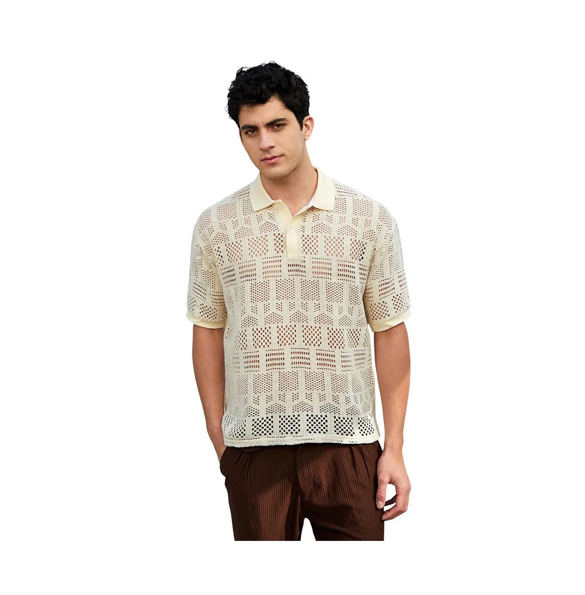 Buff Beige Geo-Boho Oversized Polo T-Shirt by Campus Sutra