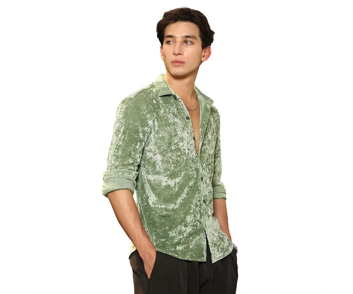 Sage Green Solid Velvet Shirt by Campus Sutra