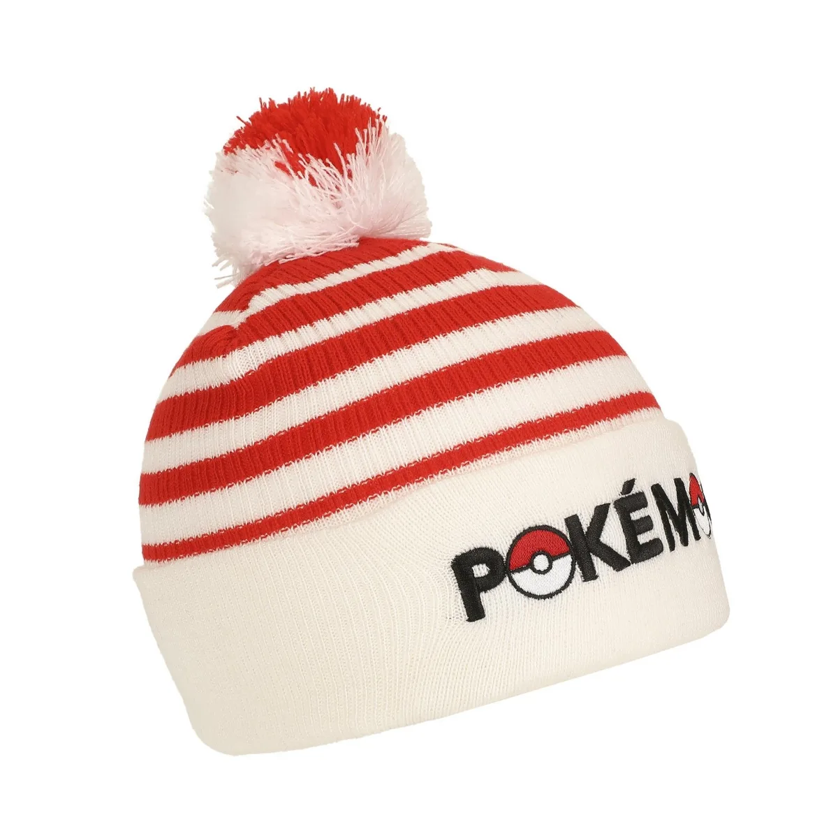 Pokeball Plush Pom, Red and White Stripes Cuff Beanie by Pokemon