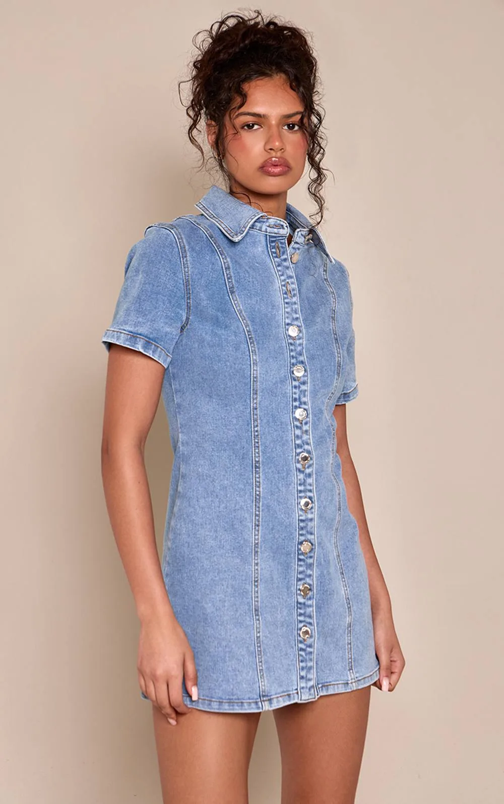 Short Sleeve Seam Detail Button Down Denim Mini Dress