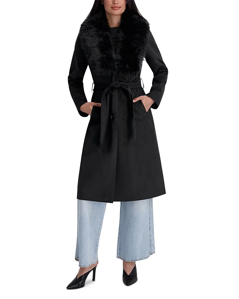 Faux Fur Collar Faux Suede Trench Coat by Kenneth Cole