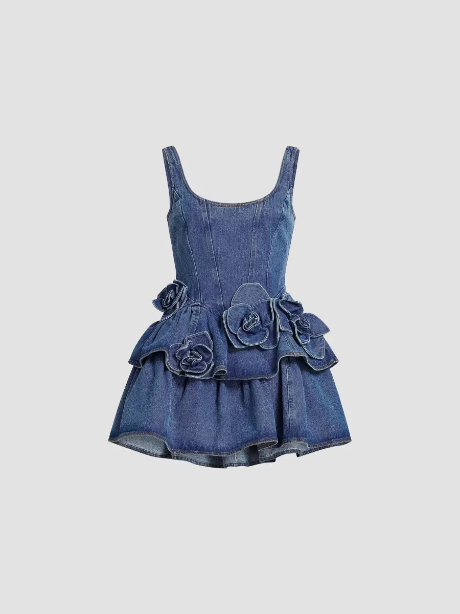 Devyn Saxe Tiered Rosette-Detailed Denim Minidress by AKNVAS