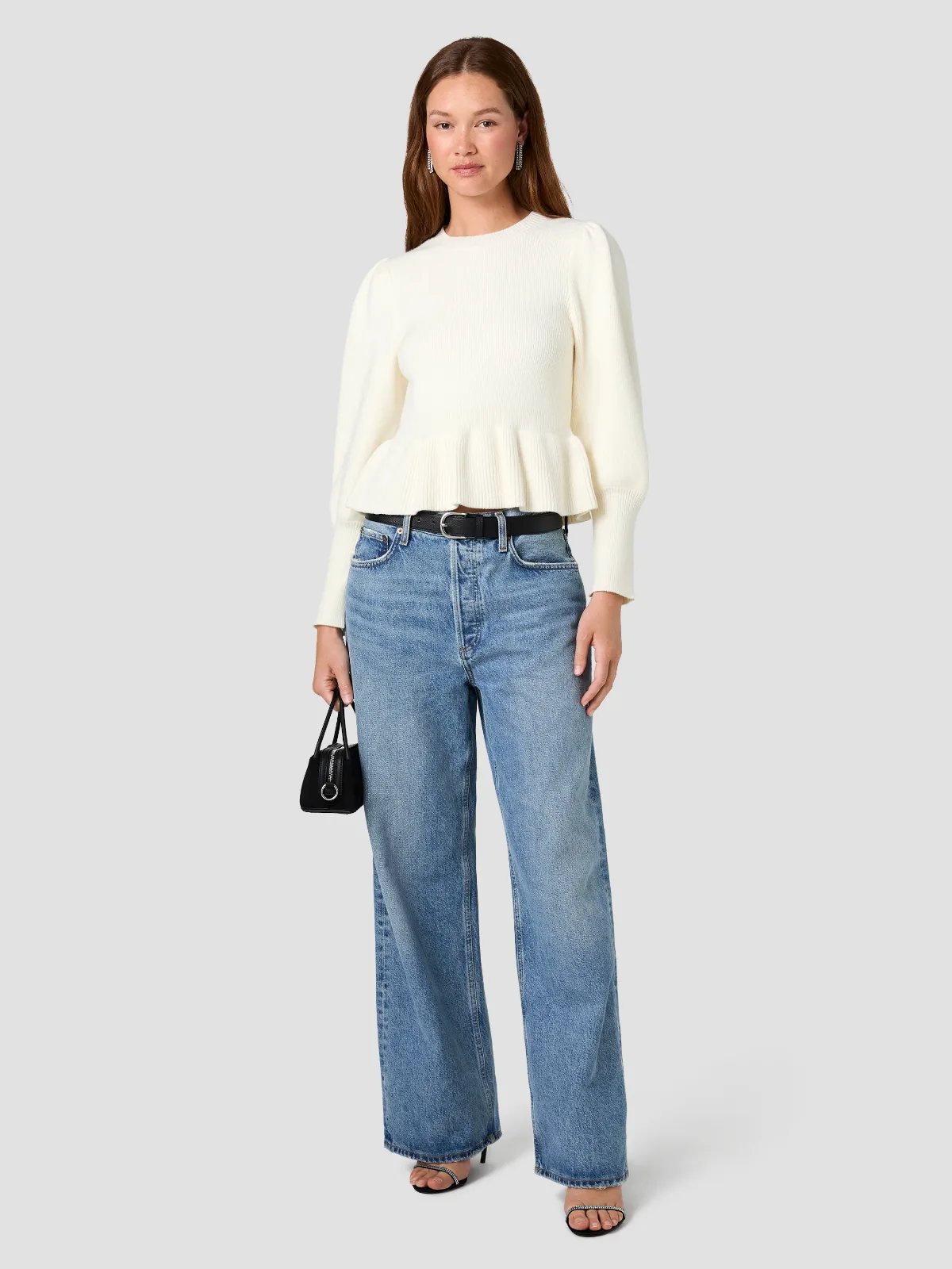 Sloane Knit Balloon Sleeve Peplum Pullover Sweater by French Connection