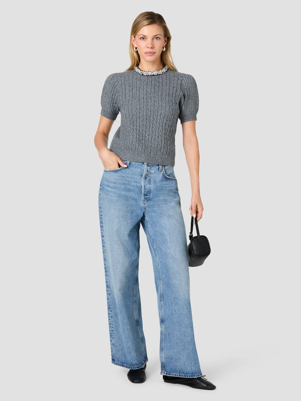 Avea Knit Cable Embellished Short Sleeve Sweater by French Connection
