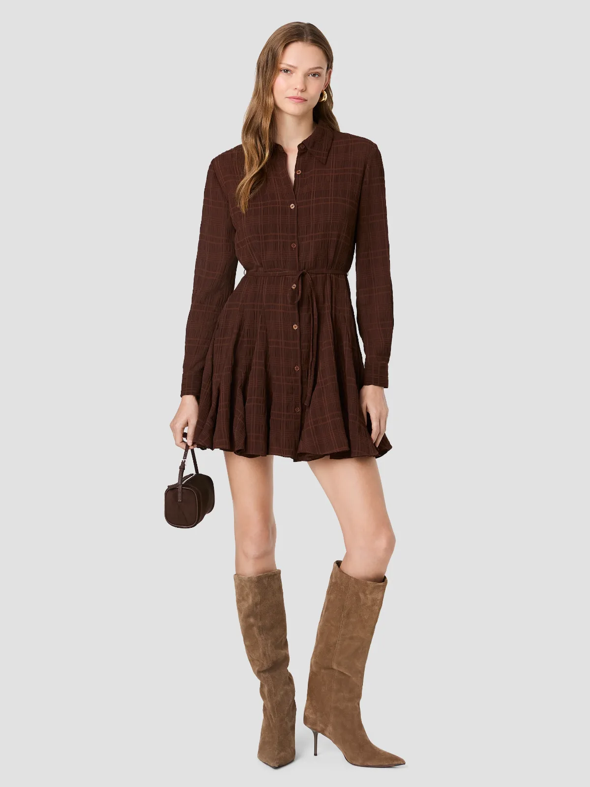 Chiffon Texture Plaid Long Sleeve Tie Dress by French Connection