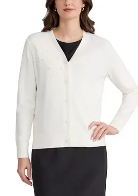 Long Sleeve Floral Cardigan with Lace Appliqu by Kasper