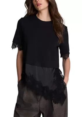 Short Sleeve Asymmetric Lace Trim Tee by Kenneth Cole
