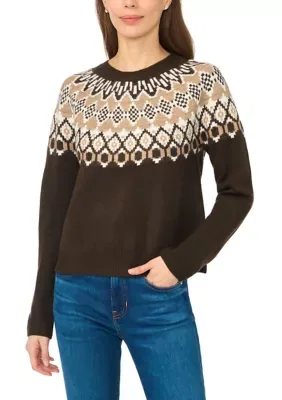 Short Sleeve Fair Isle Yoke Button Front Cardigan by CeCe