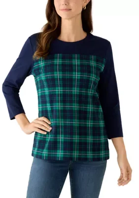 3/4 Sleeve Crew Neck Plaid Shirt by Kim Rogers