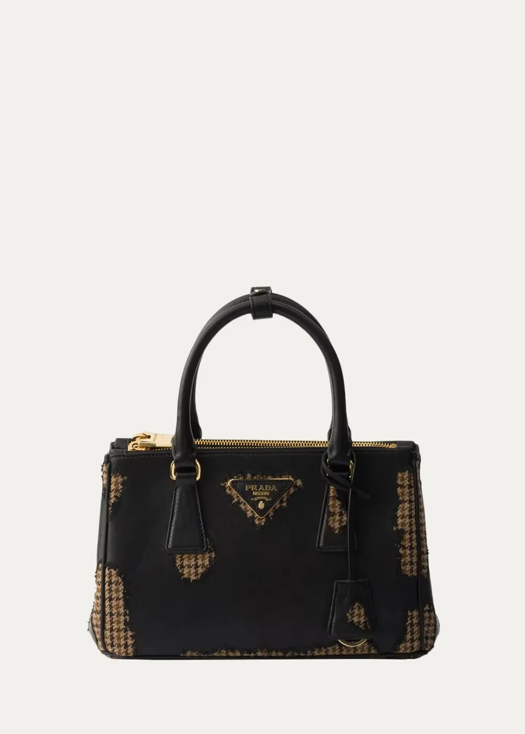 Galleria Houndstooth Wool & Leather Top-Handle Bag by Prada