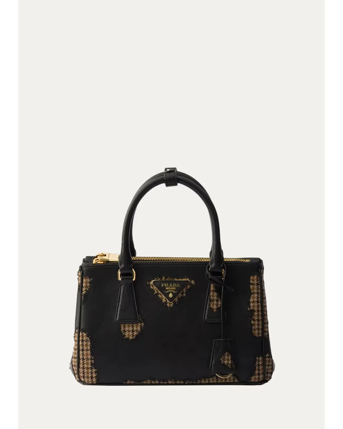 Galleria Houndstooth Wool & Leather Top-Handle Bag by Prada