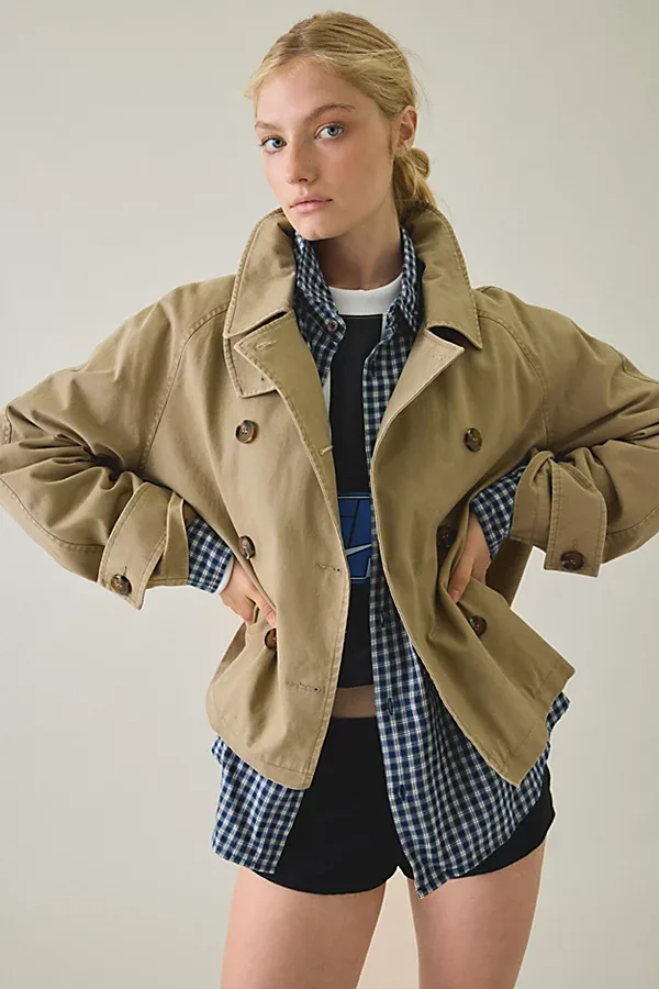 Scout Cotton Double Breasted Cropped Trench Coat Jacket by BDG
