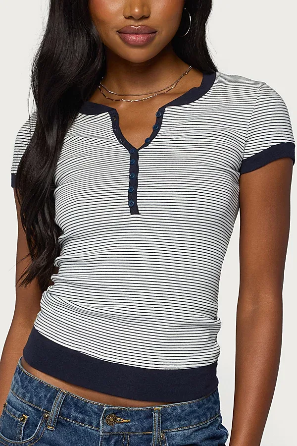 Regin Striped Ribbed Henley Top by Edikted