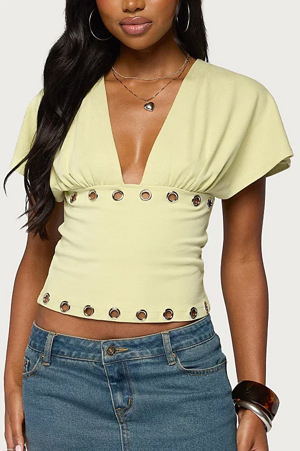 Isi Grommet Flutter Plunge Neck Top by Edikted