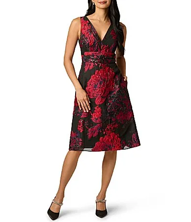 V-Neck Floral Jacquard Midi Dress by Adrianna Papell