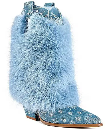 Vionella Bandana Print Faux Fur Studded Mid Western Boots by Azalea Wang