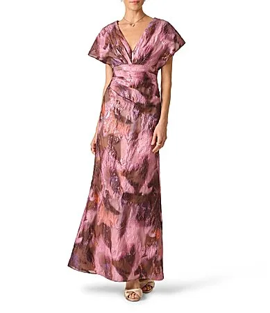 Woven Jacquard V-Neckline Long Dress by Aidan Mattox