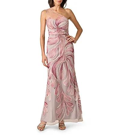 Mesh One Shoulder Sleeveless Long Dress by Aidan Mattox