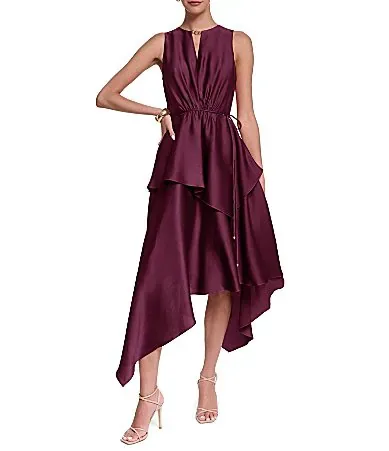 Satin Keyhole Tiered Skirt Midi Dress