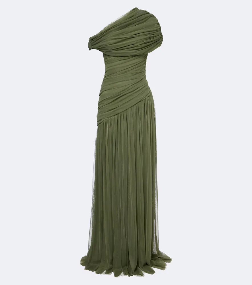 Himalia Ruched One-Shoulder Tulle Gown