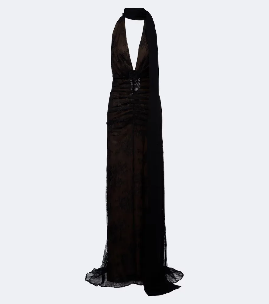 Amora Gathered Open-Back Lace Tulle Gown by De La Vali