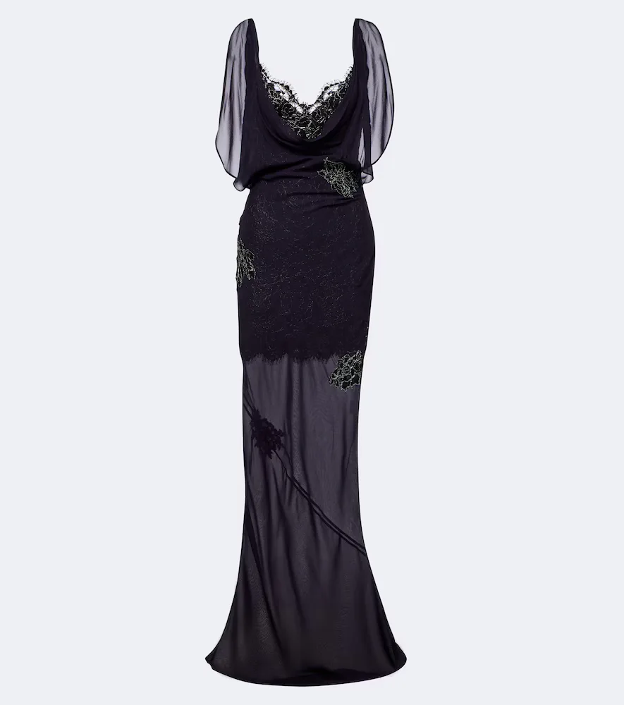 Emerald Lace-Trimmed Georgette Gown by De La Vali