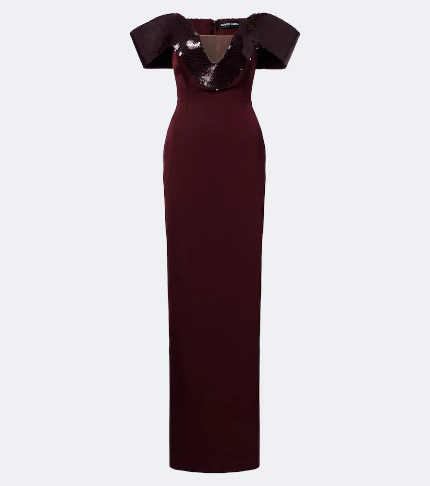 Sequined Satin Off-Shoulder Gown