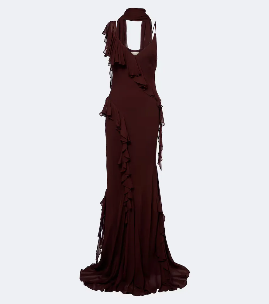 Mayara Ruffled Scarf-Detail Georgette Gown by De La Vali