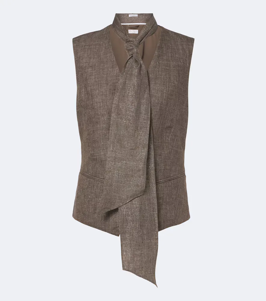 Scarf-Detail Linen Vest by Brunello Cucinelli