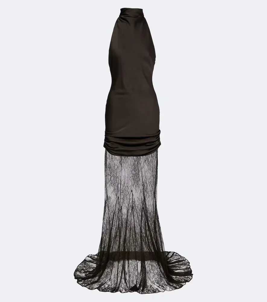 Eldra Ruched Lace-Trimmed Satin Maxi Dress