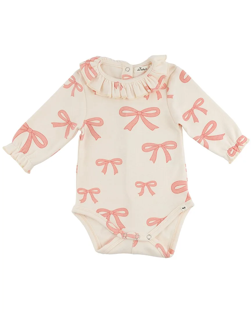 Pink Bows Baby Rib Ruffle Neck Onesie by Oh Baby