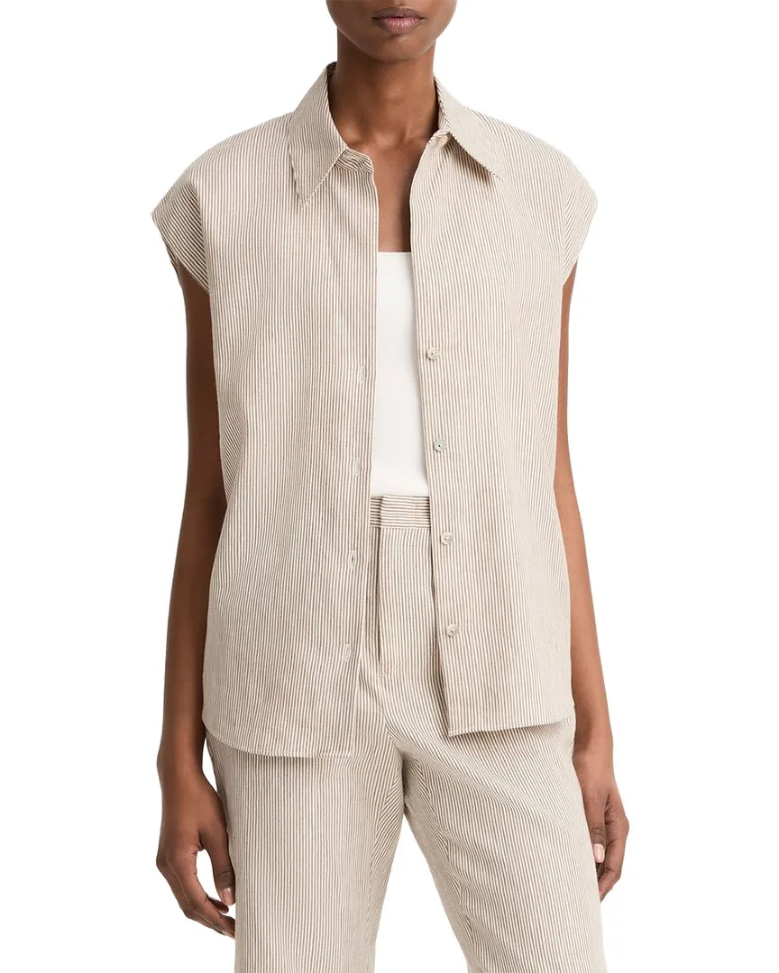 Ticking Stripe Cap Sleeve Linen-Blend Blouse by Vince