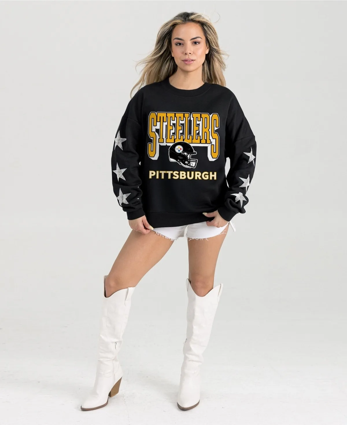 Pittsburgh Steelers Pure Victory Rhinestud Star-Sleeve Dropped-Shoulder Pullover Sweatshirt by Gameday Couture