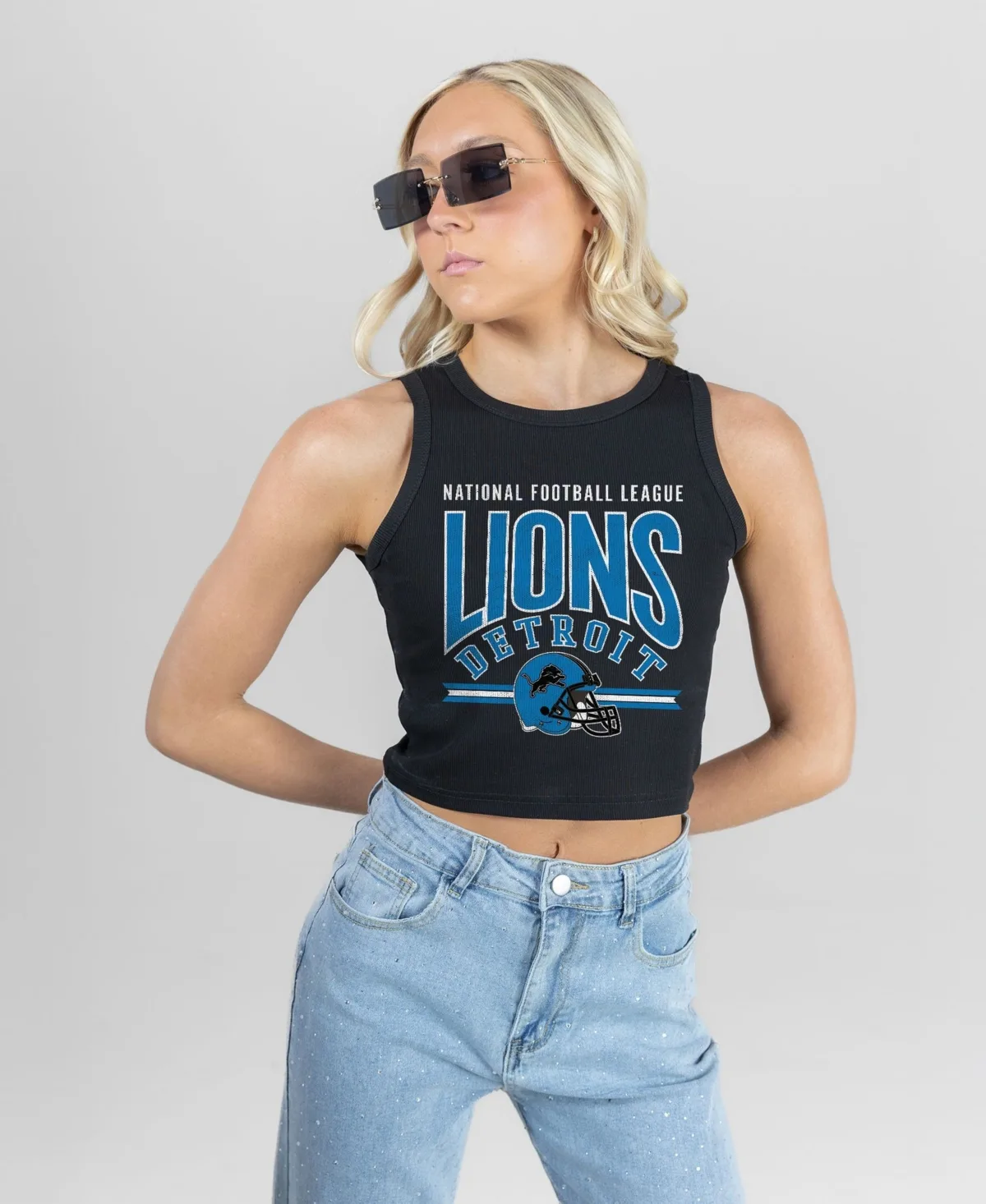 Detroit Lions Mic Drop Ribbed Scoop Neck Crop Tank Top by Gameday Couture