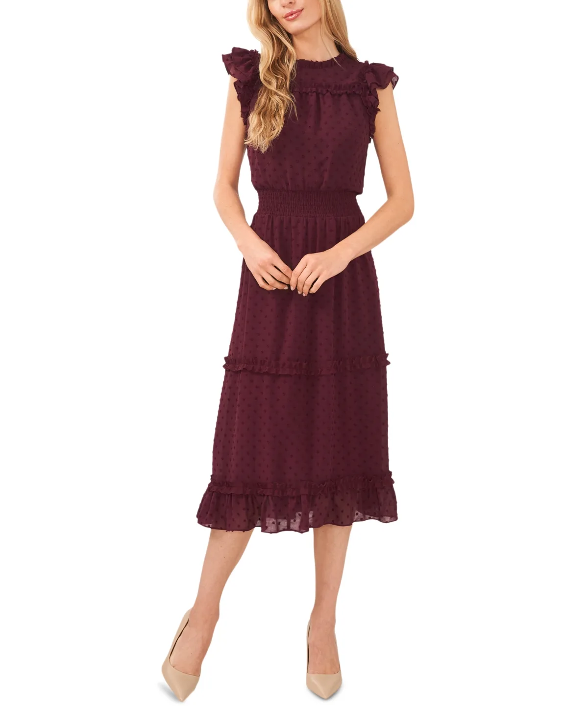 Ruffled Flutter Sleeve Swiss Dot Midi Dress by CeCe