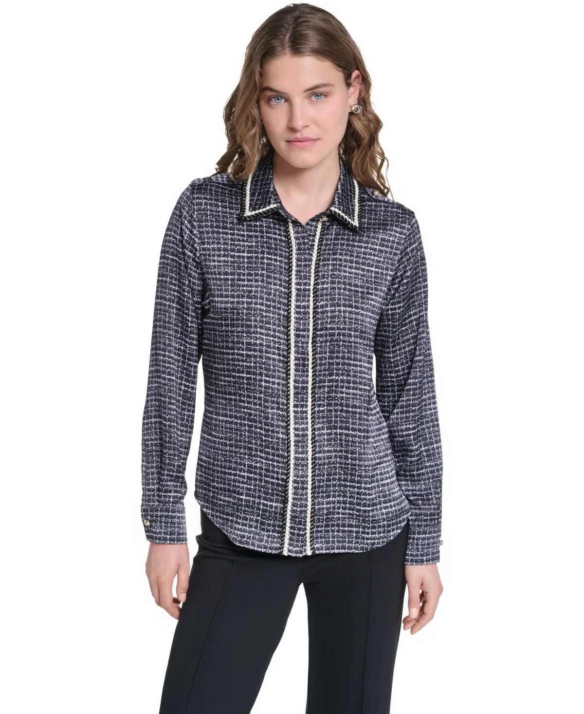 Tweed Print Long-Sleeve Collared Blouse by Karl Lagerfeld
