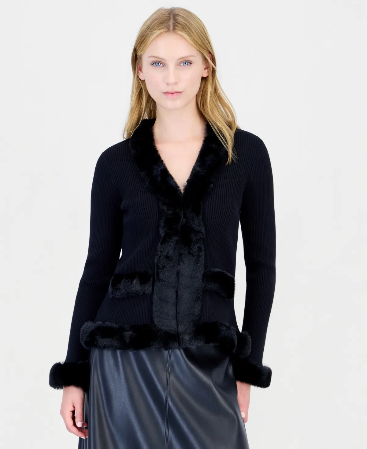 Long-Sleeve V-Neck Faux-Fur-Trimmed Cardigan