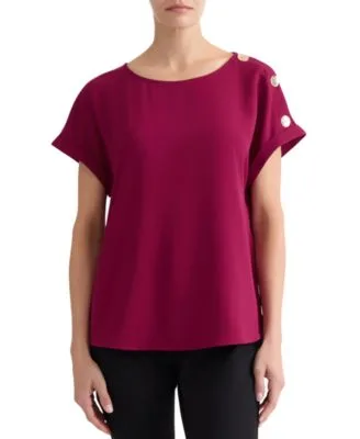 Shoulder Button Detail Boat Neck Short Sleeve Blouse by Jones New York