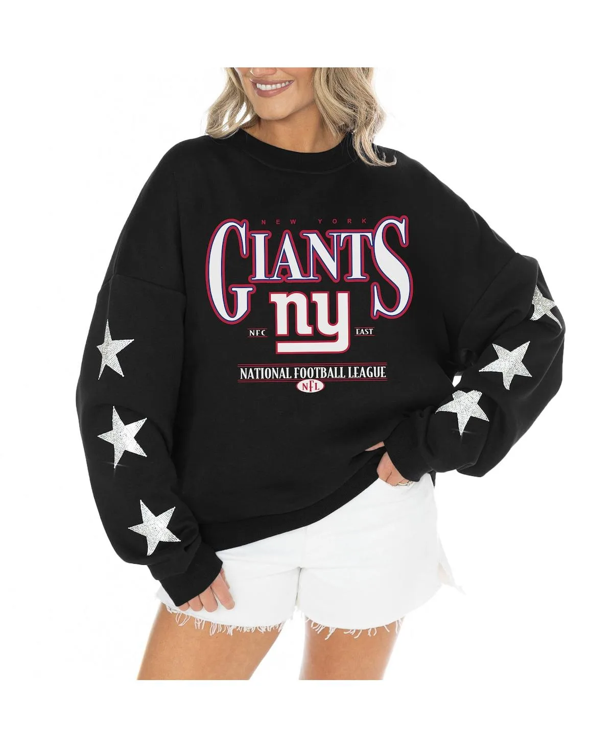 New York Giants Rhinestone Star Sleeve Settle the Score Oversized Tri-Blend Pullover Top by Gameday Couture