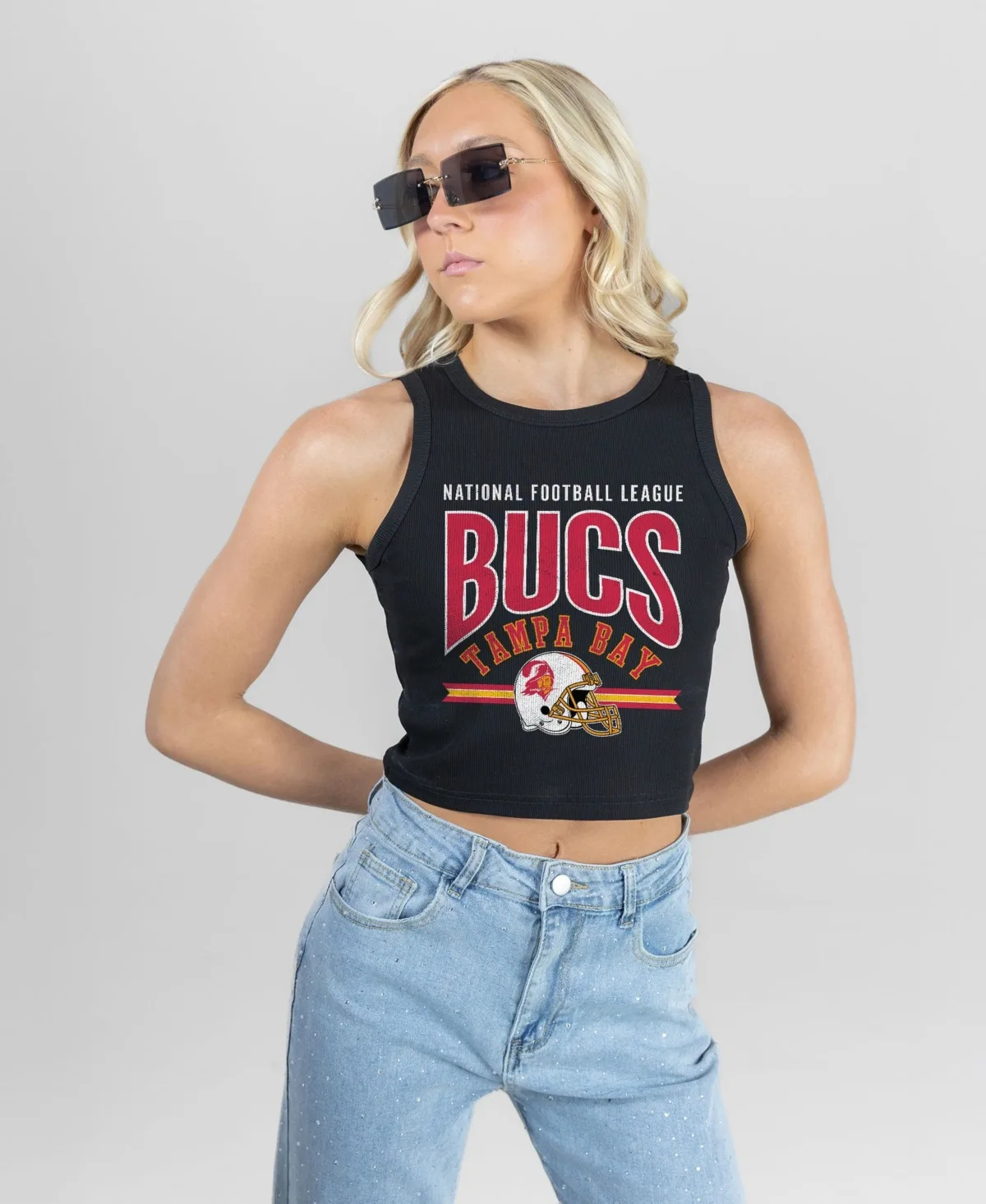 Tampa Bay Buccaneers Mic Drop Ribbed Scoop Neck Crop Tank Top by Gameday Couture