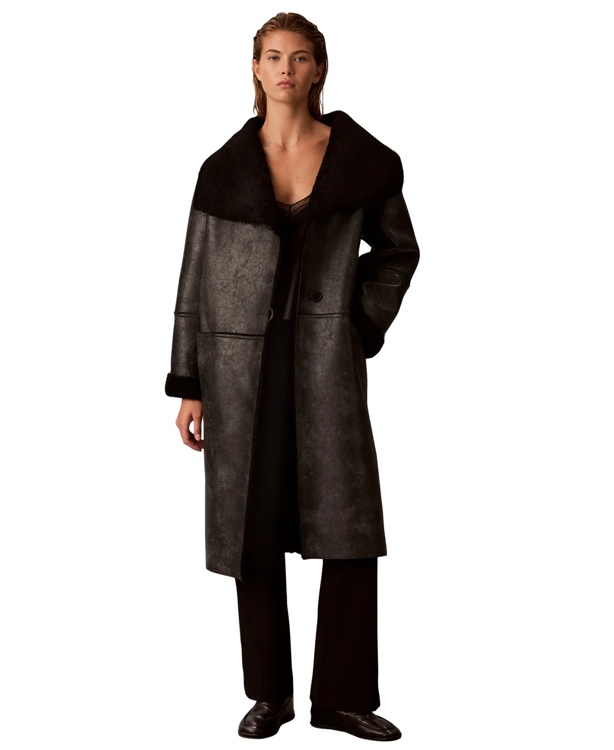 Shawl Collar Faux Shearling Coat by Calvin Klein