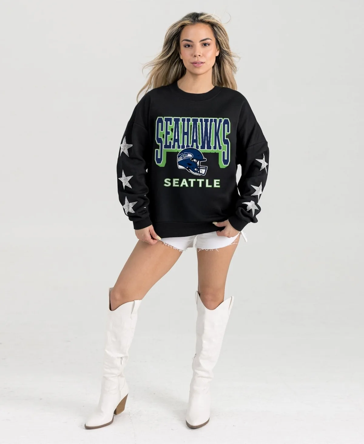 Seattle Seahawks Pure Victory Rhinestud-Star-Sleeve Pullover Sweatshirt