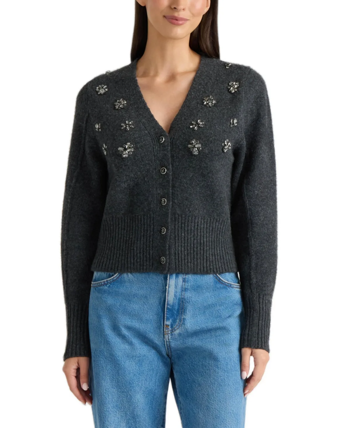 Jeweled Long-Sleeve V-Neck Cardigan