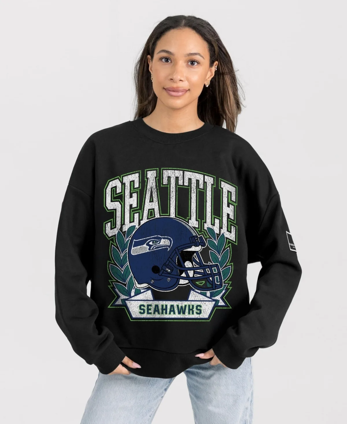 Seattle Seahawks Victory Lane Black Label Oversized Fleece Crewneck Sweatshirt