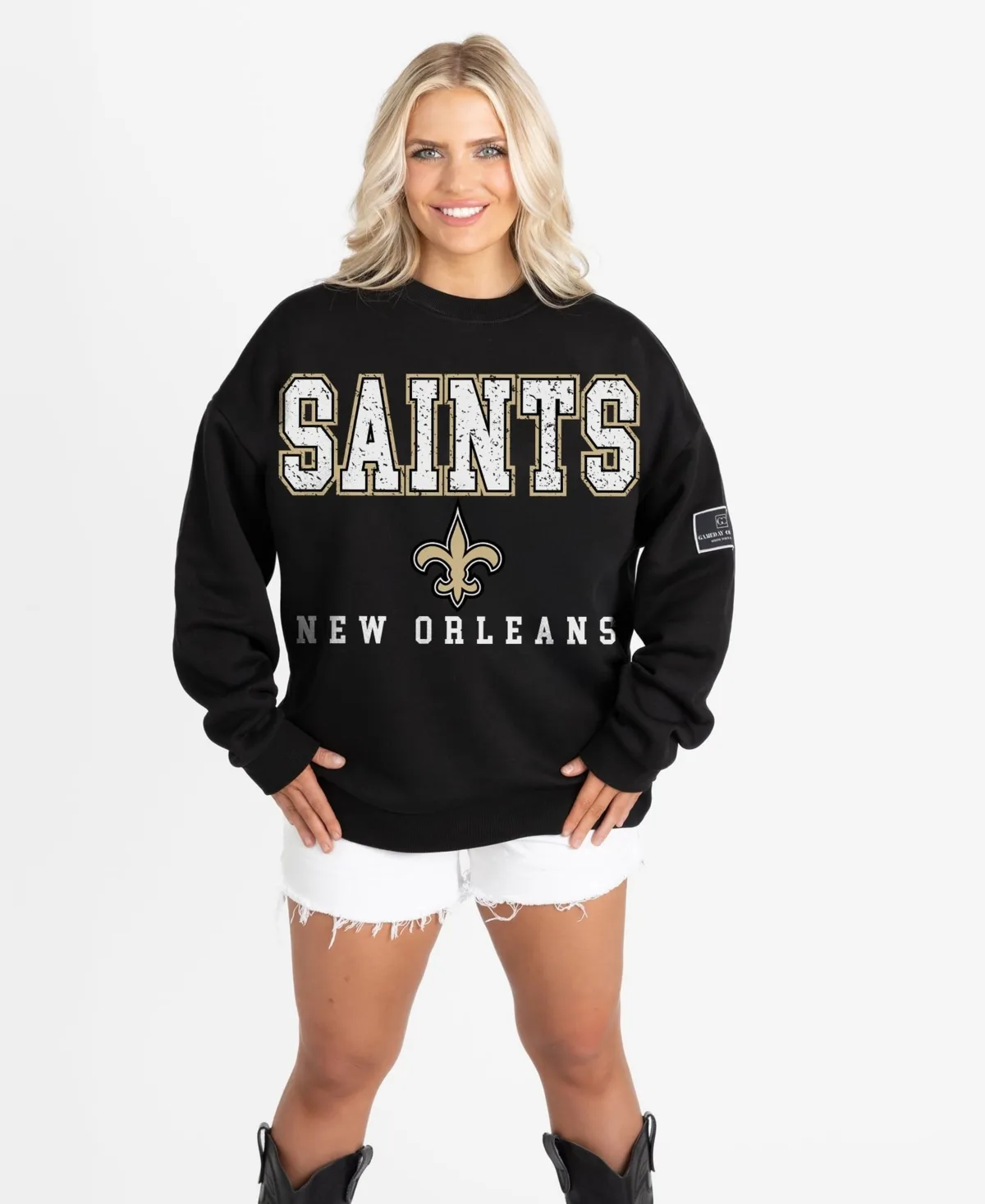 New Orleans Saints Level Up Oversized Distressed-Graphic Pullover Sweatshirt by Gameday Couture