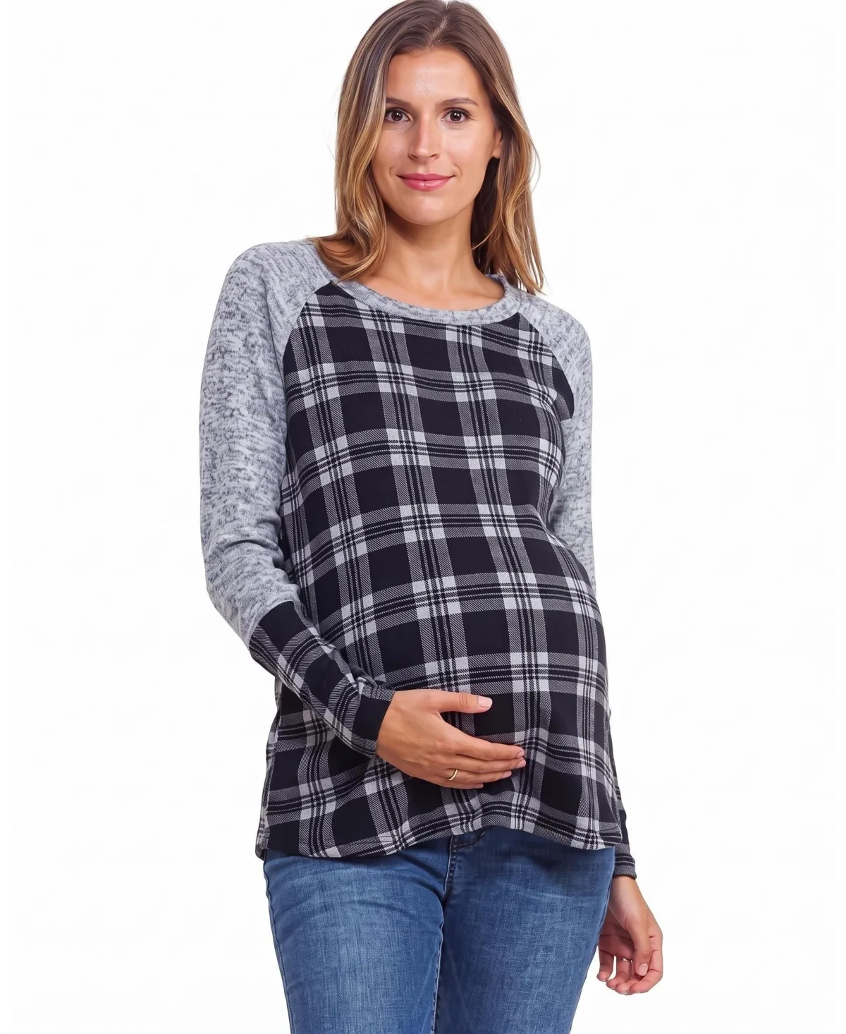 Maternity Plaid Long-Sleeve Raglan Top by Hello Miz