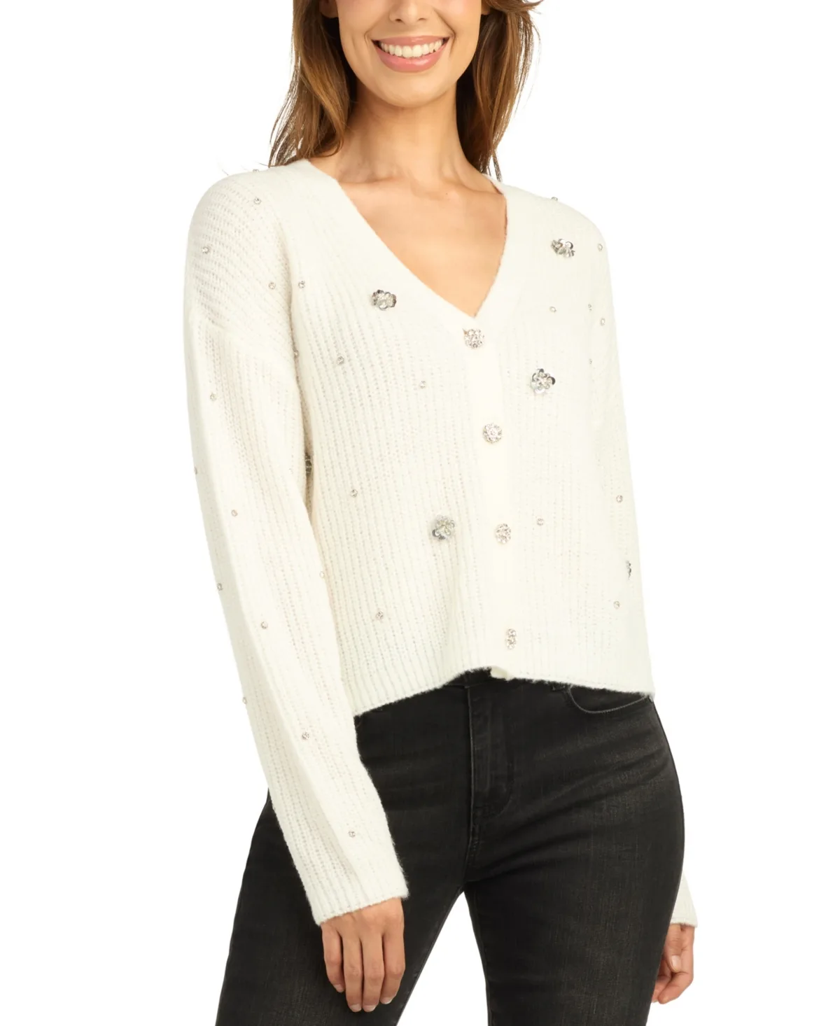 Long-Sleeve Ribbed V-Neck Cardigan by Bcx