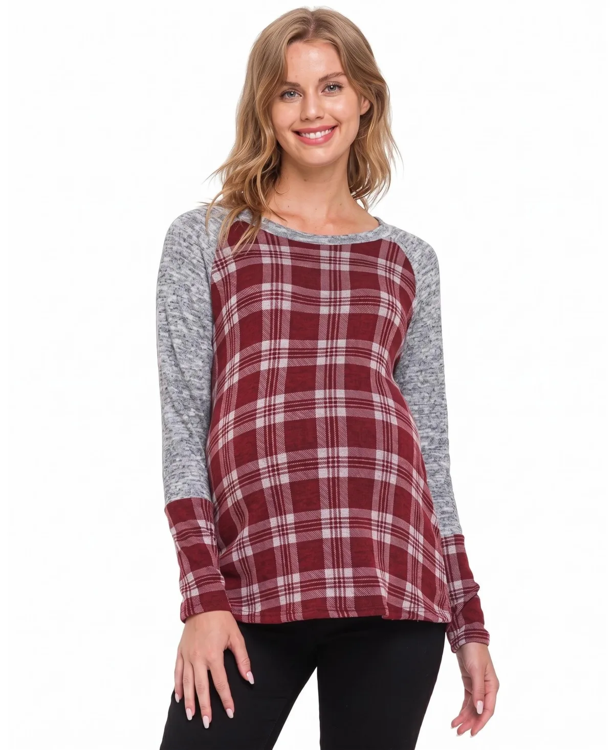 Plaid Long-Sleeve Raglan Top by Hello Miz